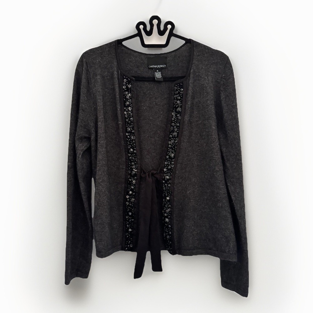 CYNTHIA ROWLEY Cardigan Womens XL Black Embellished Open Preppy/Cozy/Elegant